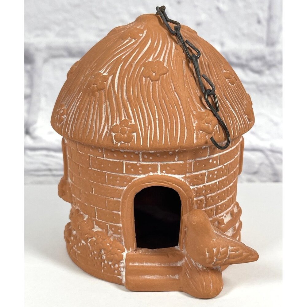 VTG Handmade Artisan Terracotta Birdhouse Red Clay Chain Rustic Garden Cottage